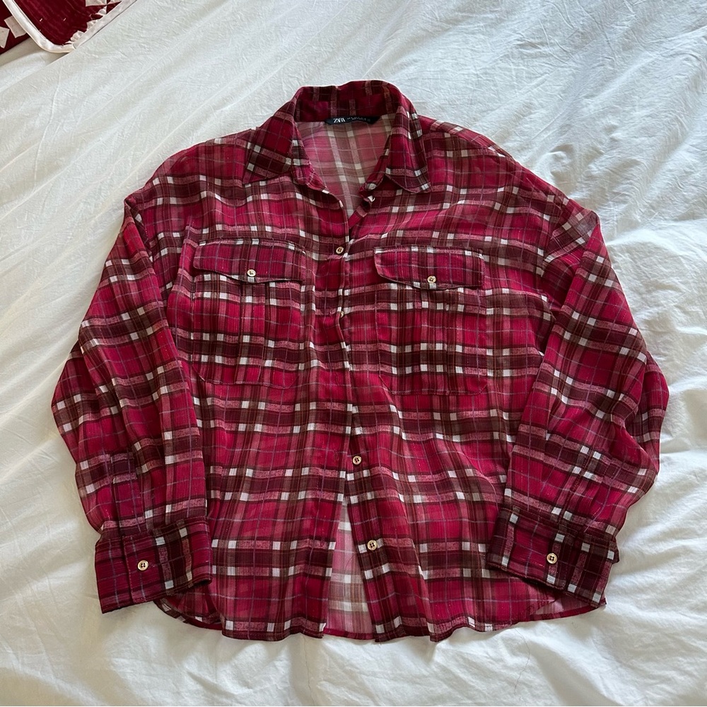 Sheer Red Plaid Button-Up Shirt